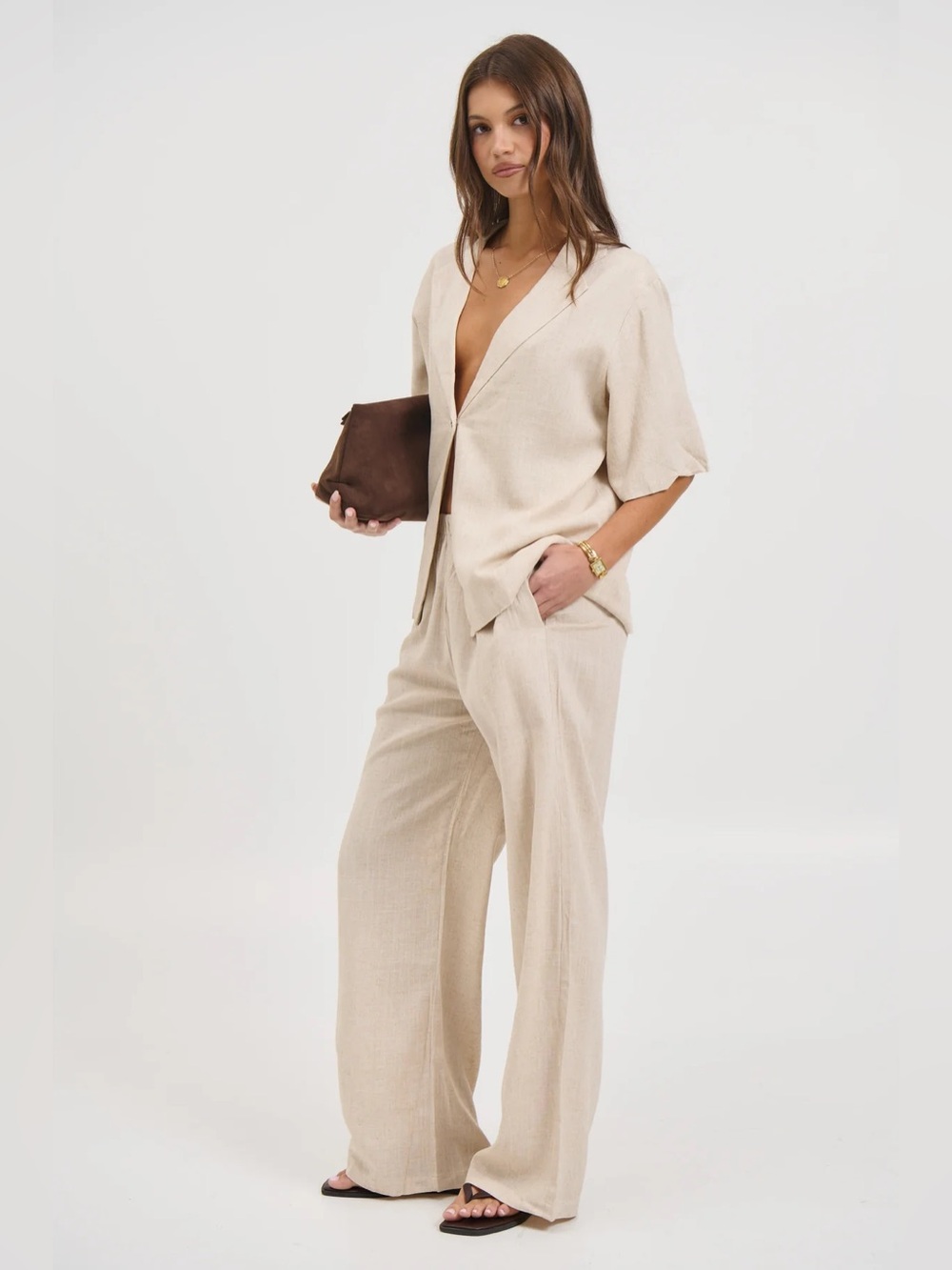 Relaxed Tan/Cream Wide-Leg Pantsuit Set
